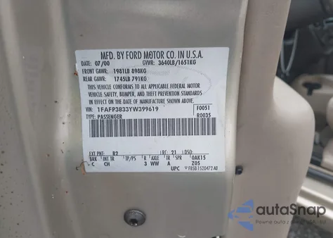 2000 Ford Focus Zts from USA, damaged, VIN 1FAFP3833YW399619